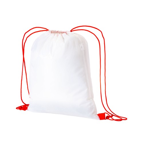 210T white polyester backpack with choke closure and colored cords