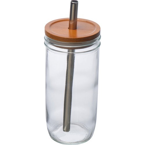 Glass mug with bamboo lid and straw Glass mug with bamboo lid and straw