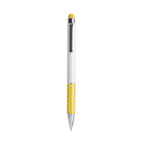 Twist pen with white plastic barrel and coloured aluminium grip, matching the touchscreen